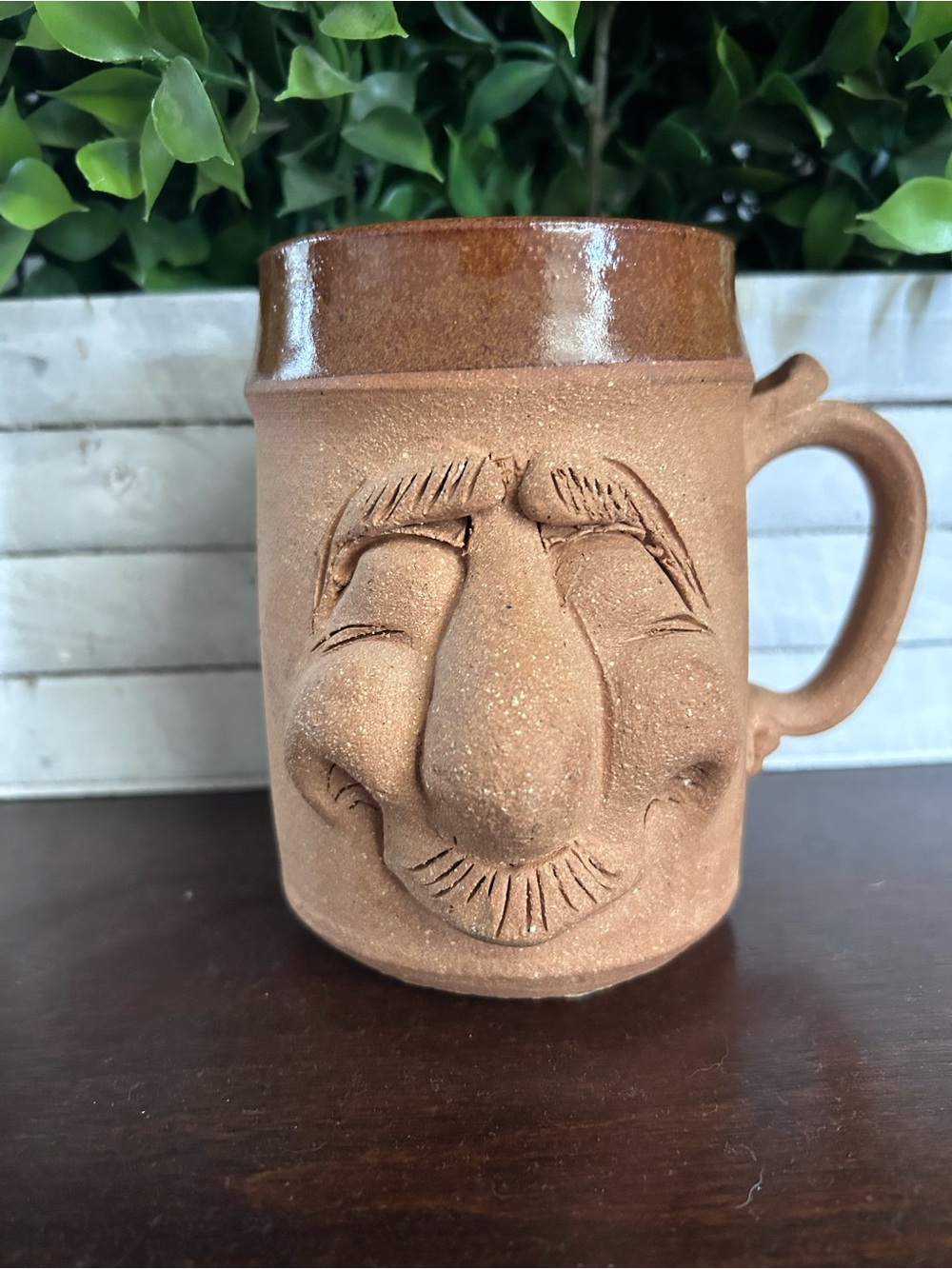 Vintage 1978 Folk Art Face Mug Ceramic Glazed Rim